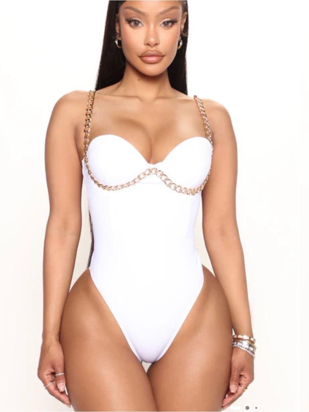 Fashion Nova White Bodysuit with Gold Chain Straps